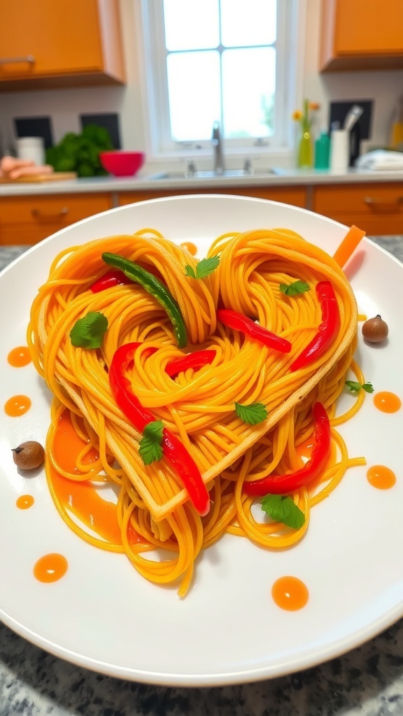 Creative Noodle Art Recipe Creative noodle art on a plate with spaghetti and colorful vegetables.